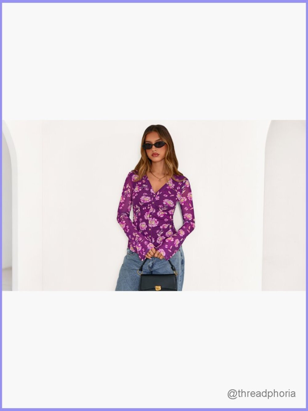 V-Neck Long Sleeve Floral Blouse Ruched Button Down Shirt Boho Top - Picture 7 of 7